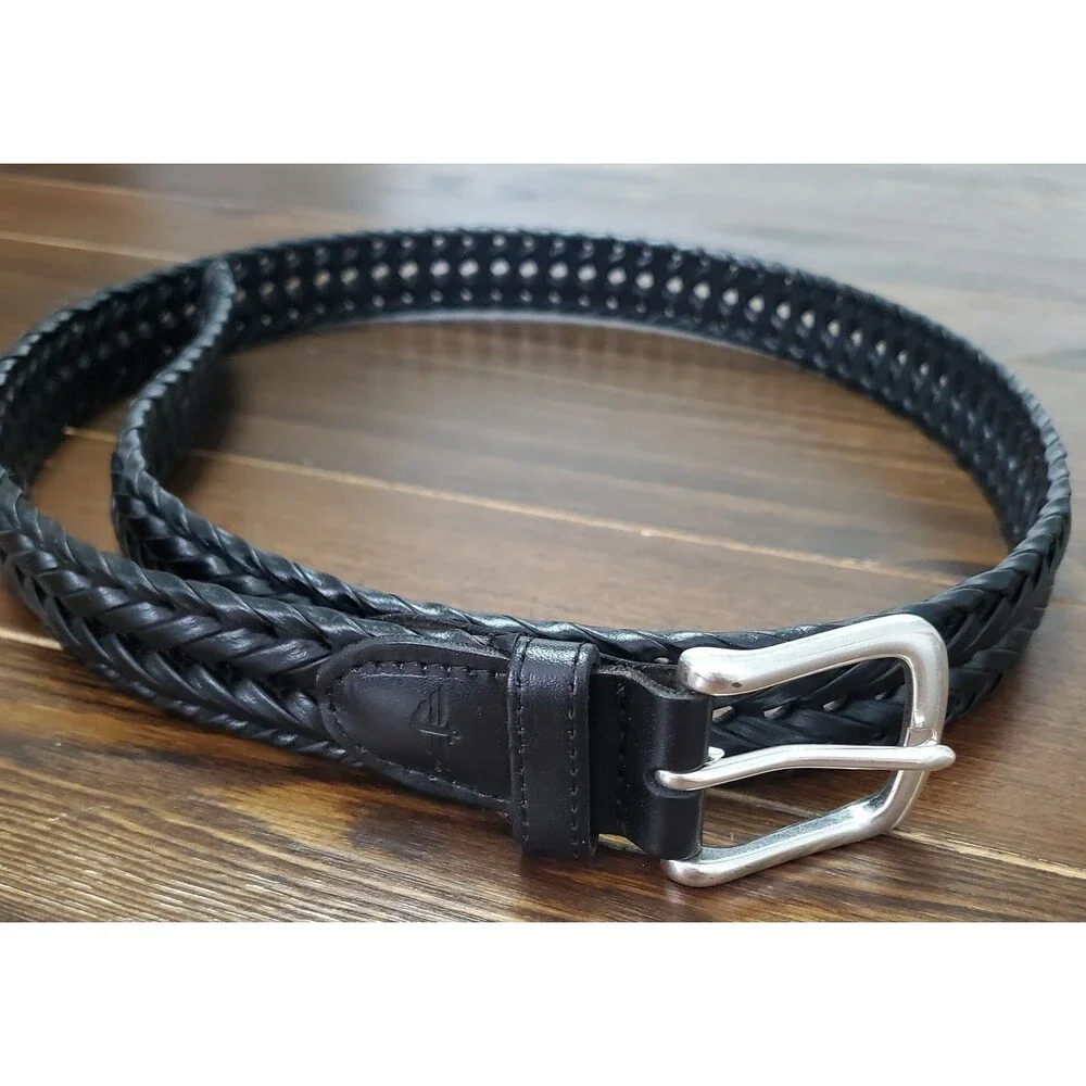 Dockers Braided Belt Men's 40 Black Leather Tab & Cord Woven Silvertone Buckle